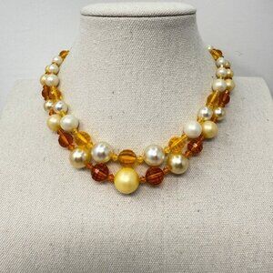 Vintage‎ Beaded Choker Necklace Imitation Pearls Orange Faceted Mid-Century